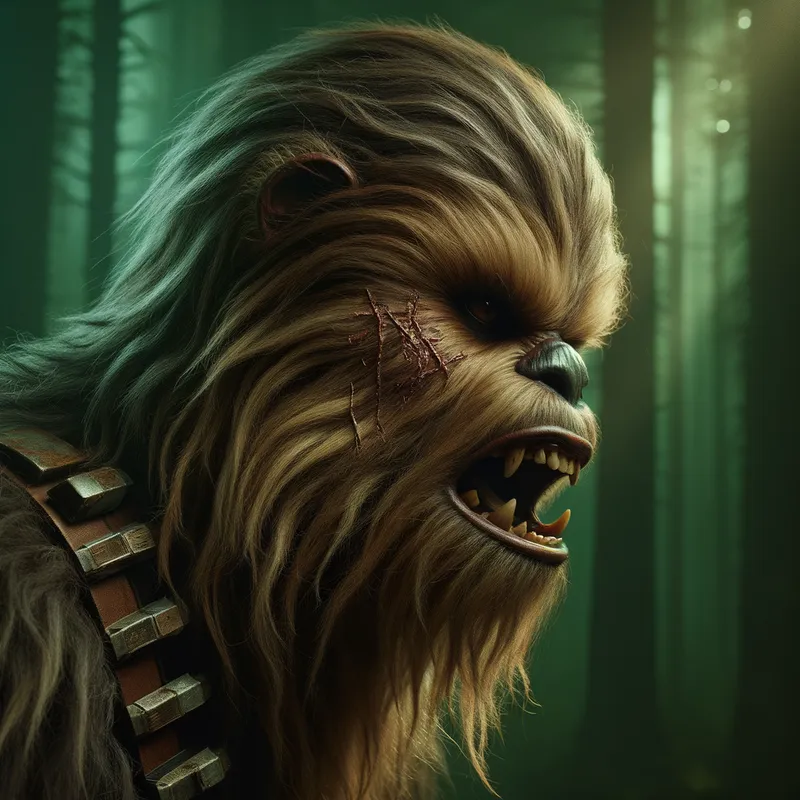 Growling Wookie Side Profile - The side view of a Wookie mid-growl, facial muscles tensed and showing an old, healed scar that adds to its rugged warrior appearance. - AI image generated with Art