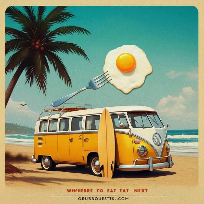 Grub Quests Poster - Generate a realistic painterly style illustration for the Grub Quests logo with a focus on a mustard yellow Volkswagen camper van on a sandy beach. Include a surfboard leaning against the van and a large silver fork strapped on the roof. The sky should feature a sunny side up egg as the sun. Add a palm tree to the left and a background of the beach, ocean waves, and a partly cloudy blue-green sky. Text: GRUB QUESTS in bright orange mustard, WHERE TO EAT NEXT in dark neutral, and GRUBQUESTS.COM in bright green, arranged like a classic adventure travel poster. - AI image generated with Imagen 3
