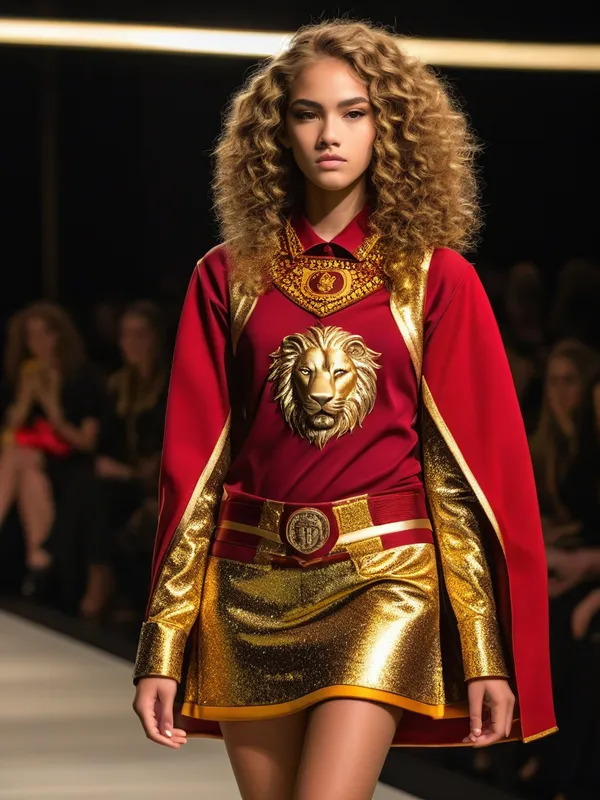 Gryffindor Glam - A stunning teen model showcases an avant-garde fashion piece reflecting Gryffindor's colors, complete with oversized lion motifs and shimmering gold accents, captivating the audience at a high-fashion runway. - AI image generated with Photorealistic - dynamic pose, highlights: Nikon D700, Nikkor 50mm 1.8, photorealistic
