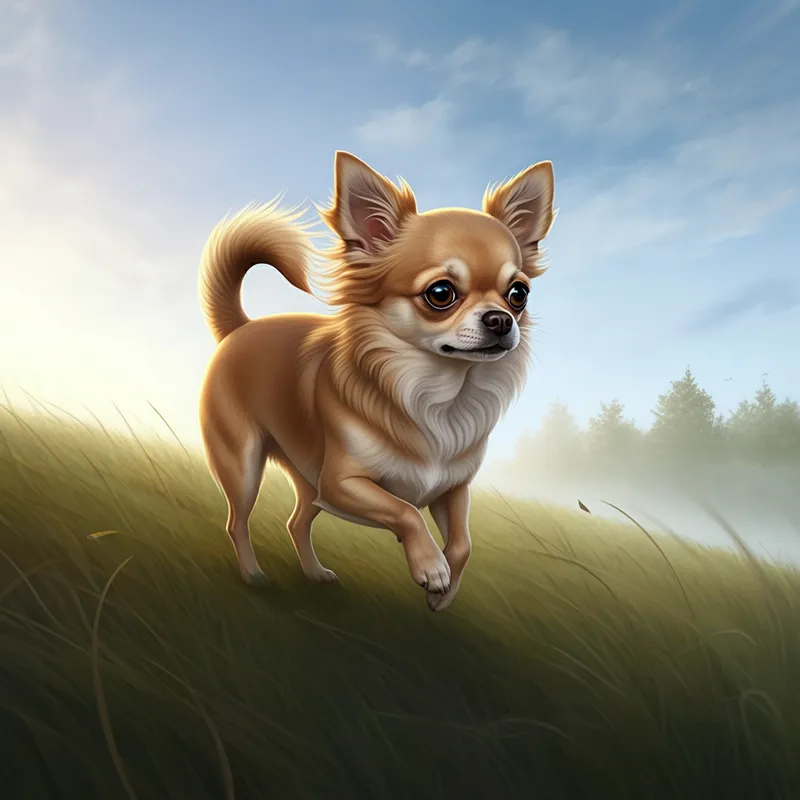 Guardian Gaze - The image features a fawn-colored female chihuahua ascending a grassy hill under a strong wind. Her large, concerned brown eyes glance back for her companion. The sky is a clear blue with clouds, and trees are visible in the distance. She continues her journey toward a misty sun, her determination clear in her stride. - AI image generated with Imagen 3