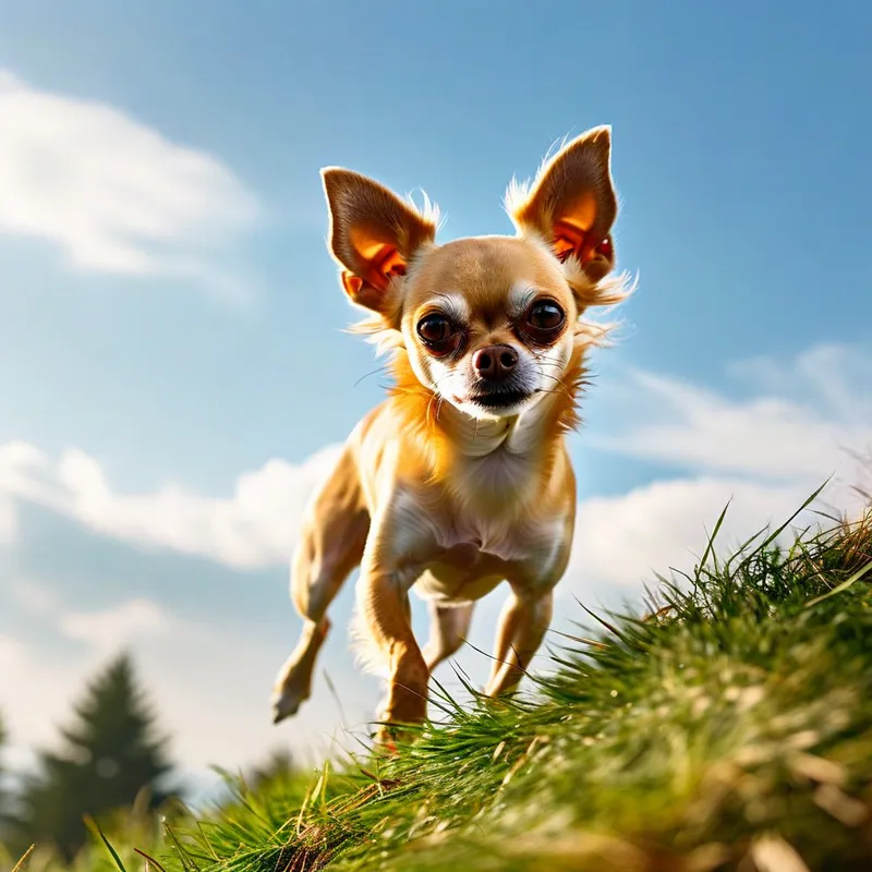 Guardian Gaze - The image features a fawn-colored female chihuahua ascending a grassy hill under a strong wind. Her large, concerned brown eyes glance back for her companion. The sky is a clear blue with clouds, and trees are visible in the distance. She continues her journey toward a misty sun, her determination clear in her stride. - AI image generated with Nova Canvas