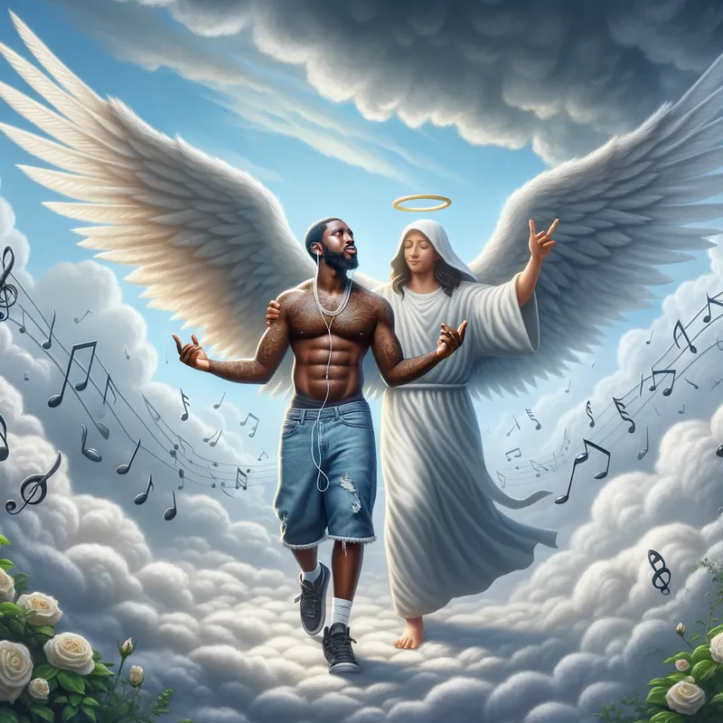 Guardian of Music - An angel with wings spread wide, guiding DMX through a serene and peaceful garden of clouds and musical notes. - AI image generated with Art