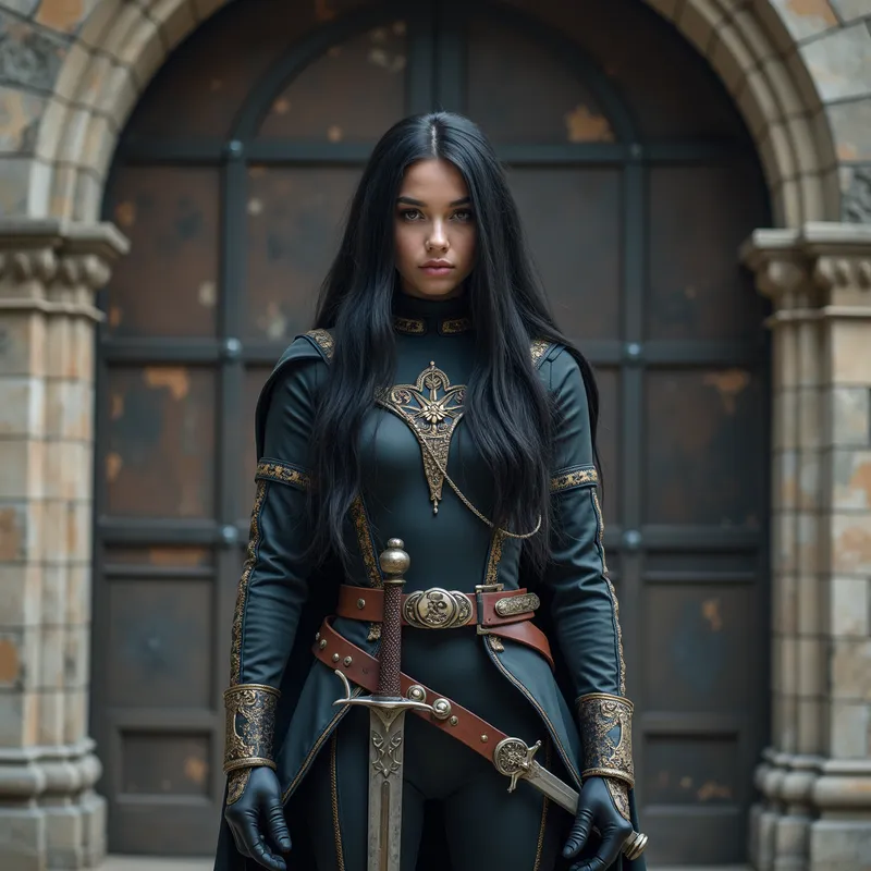 Guardian of the Ancient Castle - A young female with long black hair, armed with a curved sword. She is dressed in a detailed wetsuit, standing guard in front of tall, ancient castle doors. - AI image generated with Photorealistic 2