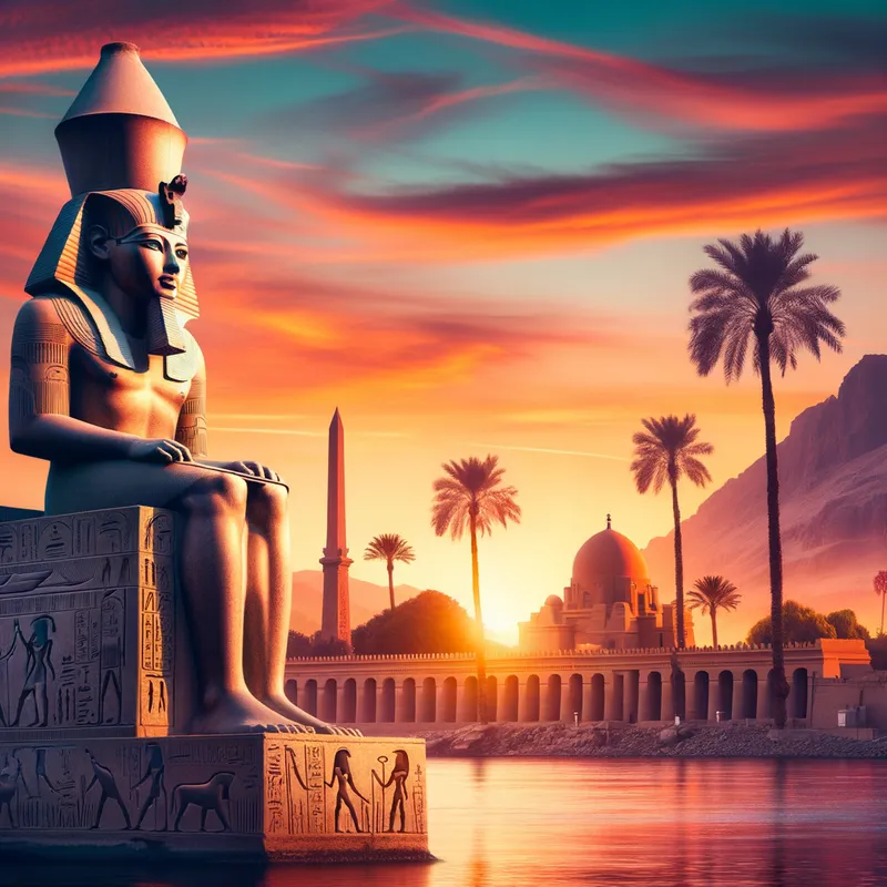 Guardian of the Nile - An evocative image of a pharaoh's statue guarding the banks of the Nile, with the grandeur of ancient Egyptian architecture and palm trees silhouetted against a vibrant sunset. - AI image generated with Art