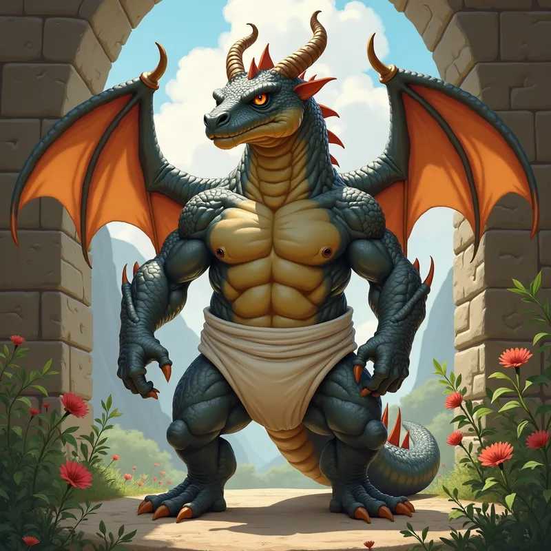 Guardian of the Nursery - A large, muscular dragon standing guard in a fantastical nursery environment, wearing a thick diaper as a symbol of its protective role. - AI image generated with Photorealistic 2