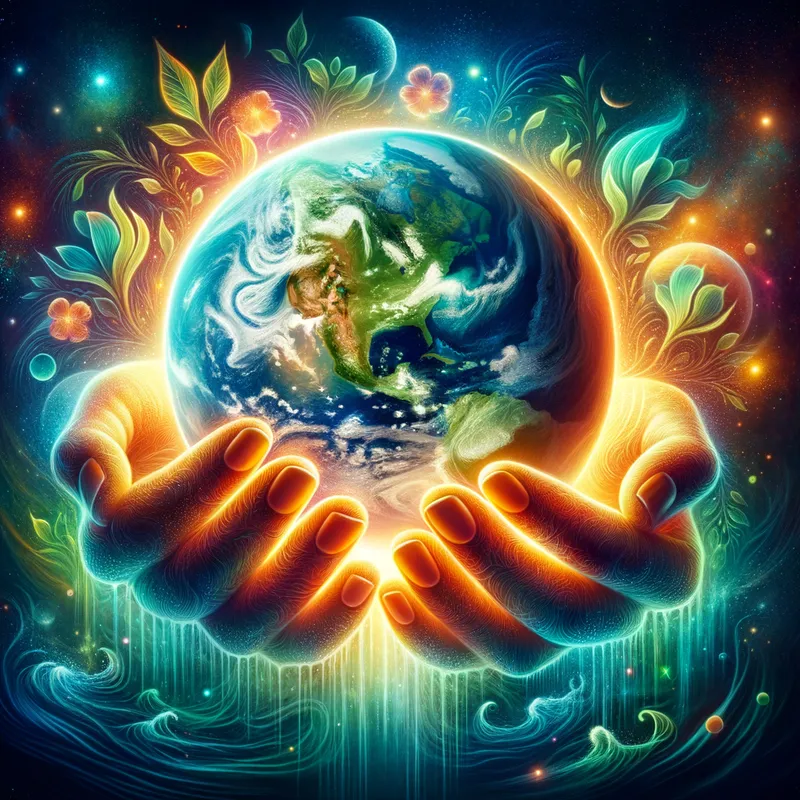 Guardians of Earth - A pair of ethereal hands gently cradling a vibrant, detailed globe of Earth. The hands exude a soft, protective glow, symbolizing care and guardianship over the planet. Surrounding the globe are small elements representing nature and environment, such as leaves, water, and flowers, emphasizing the importance of protecting our planet and galaxies. - AI image generated with Art