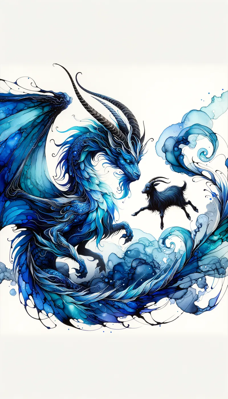 Guardians of the Mystic Realm - a mythical blue dragon protecting a black goat - AI image generated with Art - alcohol ink