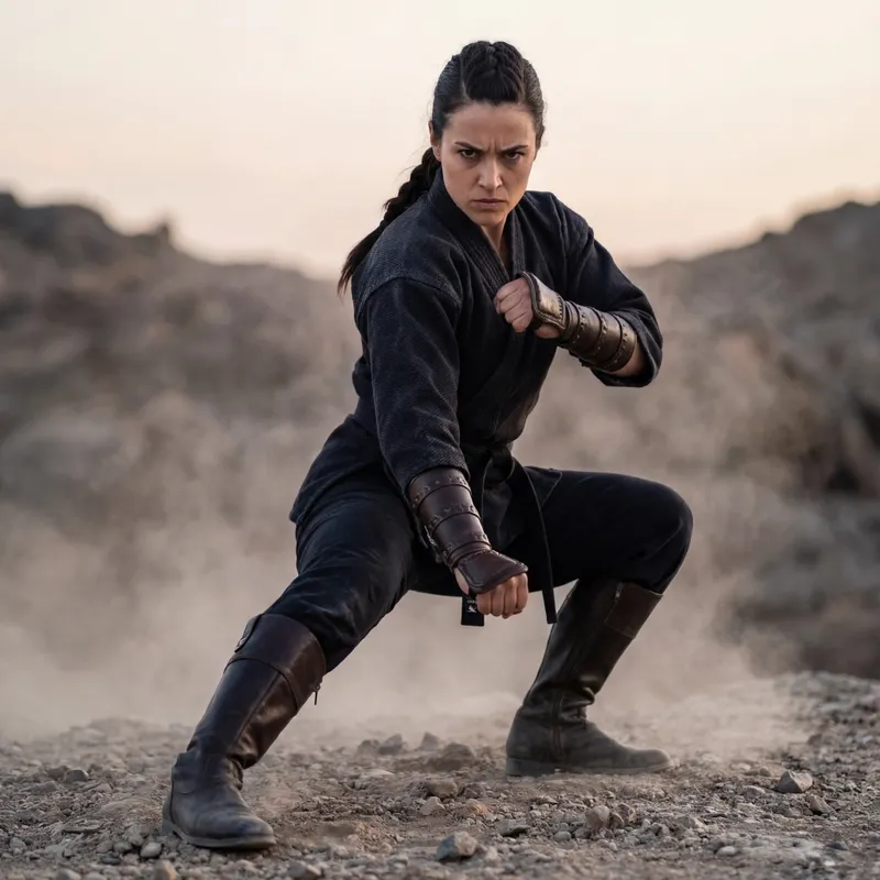 Guerrière de l’Ombre - A female warrior in dark leather riding boots and martial arts attire stands in a defensive karate position. She looks at the camera with a mean glare, her hair pulled back tightly, ready for battle. - AI image generated with 4K Pro