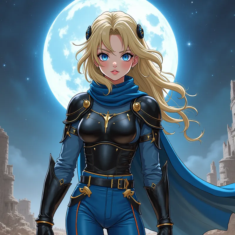 Guerrière galactique en ruines - fille japonaise déesse guerrière de l'espace au visage magnifique et yeux bleu vif sublime avec des cheveux blond magnifique porte une armure de combat cuir noir galactique des gants de cuir noir brillant à couture et un pantalon  bleu foncé et bottes santiags d'équitation  cuir noir brillant au genoux elle est dans un ville en ruine a la recherche de cible elle est très dangereuse comme dans dragon ball z manga - AI image generated with Photorealistic 2