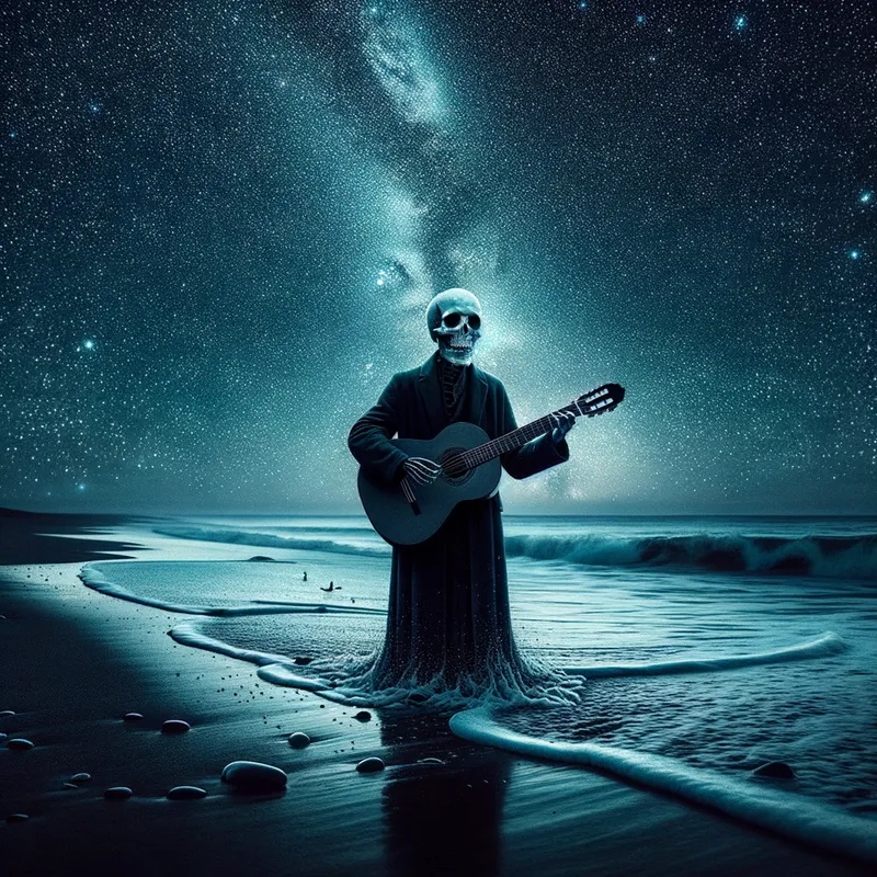 Guitar Solo Under the Stars - A surreal scene of a skull-faced musician playing a guitar, standing on a sandy beach with the night sky and ocean waves as the backdrop. - AI image generated with Art