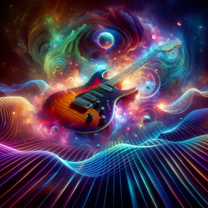 Guitar in Cosmic Frequencies - electric guitar flying through space and frequencies - AI image generated with Art