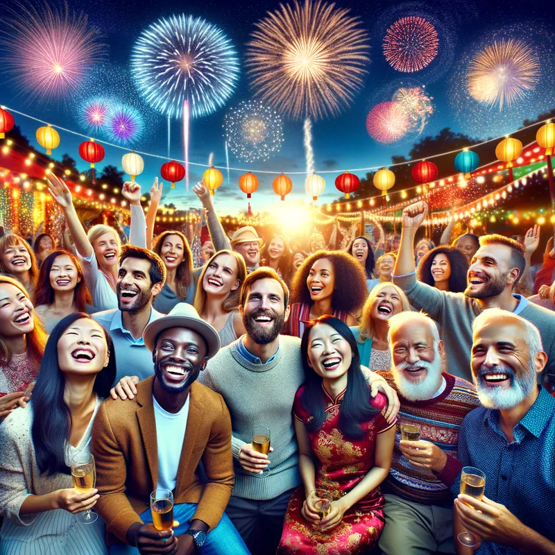 Gyat Celebration - A festive gathering with people celebrating under a fireworks-filled sky, capturing joyful moments, laughter, and the spirit of community, with colorful decorations and lights. - AI image generated with Art