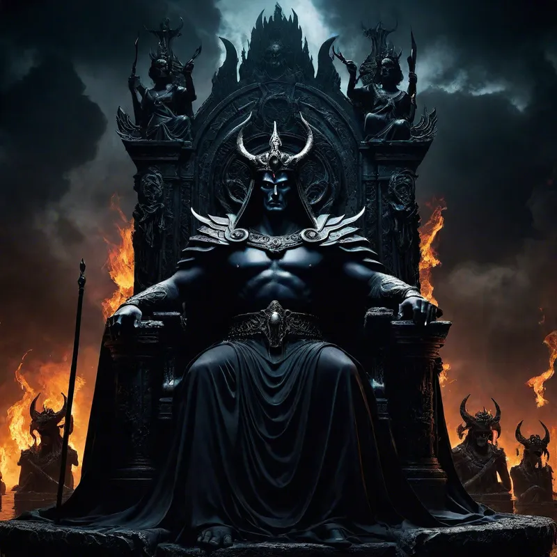 Hades in the Underworld - A dark and ominous image of Hades, the god of the underworld, sitting on his throne with a stern expression. He is depicted in a shadowy realm surrounded by the spirits of the dead, with the River Styx visible in the background. - AI image generated with Photorealistic