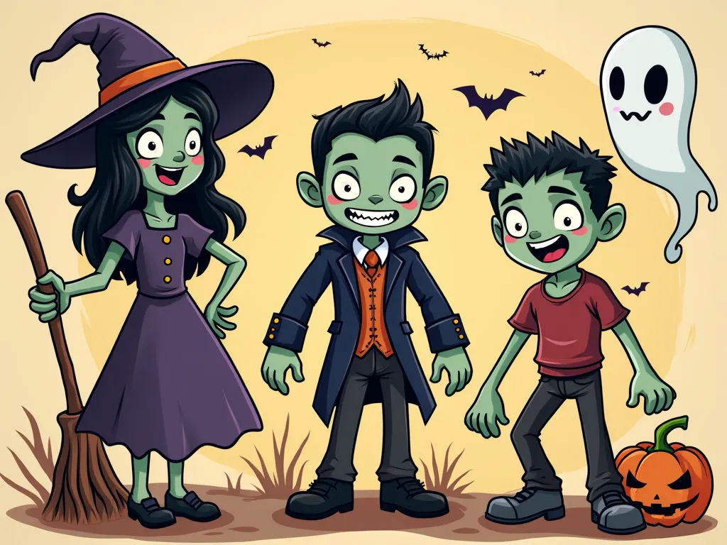 Halloween: Witch, Zombie, Vampire, Ghost - Draw a Witch, zombie, vampire, and a ghost, with a halloween themed background - AI image generated with Photorealistic 2