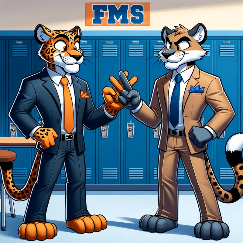 Hallway Duel - Two jaguar characters wearing professional attire with orange and navy accents play rock, paper, scissors in a middle school hallway with navy lockers. The name of the school, FMS, is visible on a nearby wall. - AI image generated with Art