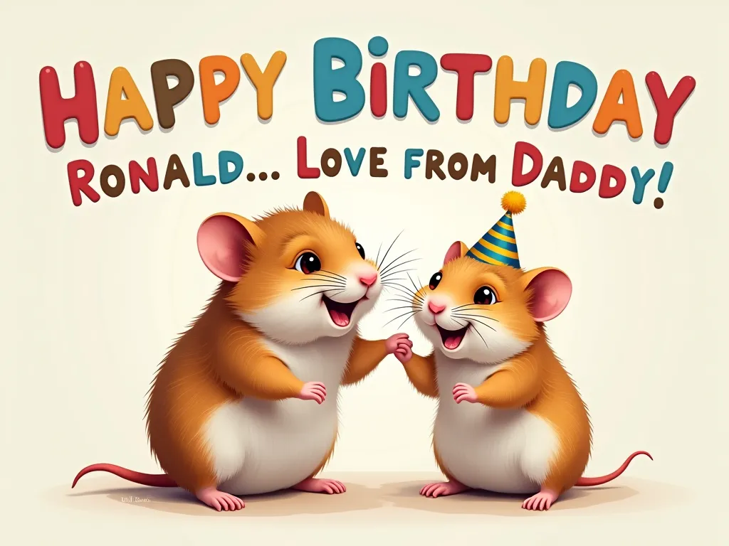 Hamster Birthday Joy - An adorable father and son hamster duo celebrating a birthday. The young hamster wears a small party hat and looks very excited. Behind them, colorful text spells out 'Happy Birthday Ronald. Love from Daddy'. - AI image generated with Photorealistic 2
