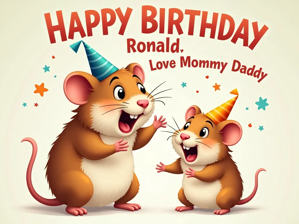Hamster Birthday Joy - A delightful image of a father and son hamster celebrating a birthday. The little hamster, thrilled with excitement, is wearing a tiny party hat. The background has vibrant text that reads 'Happy Birthday Ronald, Love Mommy Daddy'. - AI image generated with Photorealistic 2