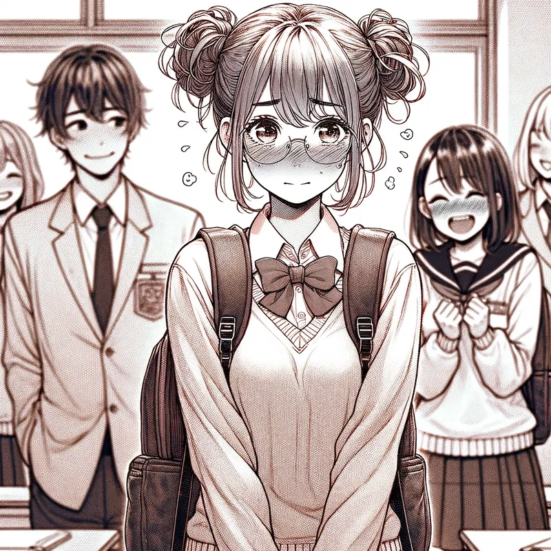 Hana's Introduction - A manga-style illustration of Hana standing awkwardly at the front of the classroom. She looks shy and nervous, gripping the straps of her schoolbag. The teacher is standing beside her with a warm smile. In the background, Aiko is in sharp focus, wearing a sly grin, with her friends giggling next to her. Other students are shown whispering in soft, blurred tones to emphasize Hana’s unease. - AI image generated with Art