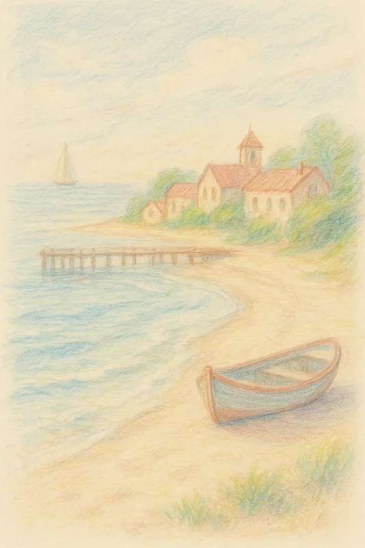 Hand-Drawn Seaside - A hand-drawn seaside scene made with water-soluble colored pencils, featuring soft lines and a delicate blend of colors, creating a dreamy, nostalgic atmosphere. - AI image generated with GPT Image