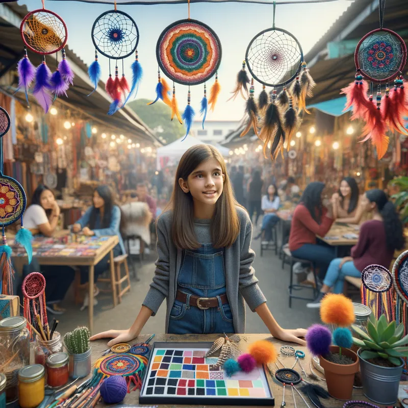Handcrafted Dreams - An inspiring scene of a 13-year-old girl at a quaint market stall, filled with her unique and colorful dreamcatchers. The background showcases a lively marketplace with people browsing and admiring her work, as she talks about her business with enthusiasm and pride. - AI image generated with Art
