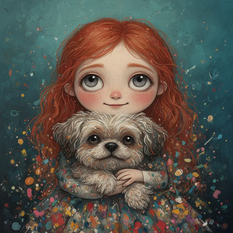 Handcrafted Heartlight - A richly textured folk surrealist illustration of a red-haired girl with expressive storm-grey eyes holding her dog close, radiating warmth and quiet wonder. Her dress is transformed into a celebration of abstract joyful color with painterly splashes, while the dog’s fur is built up in dense, tactile layers of brushwork. The scene features soft nostalgic lighting, moody teal and blue-green textured surroundings, imperfect organic linework, whimsical realism, and the charm of a hand-painted children’s fine art portrait. - AI image generated with Flux 2