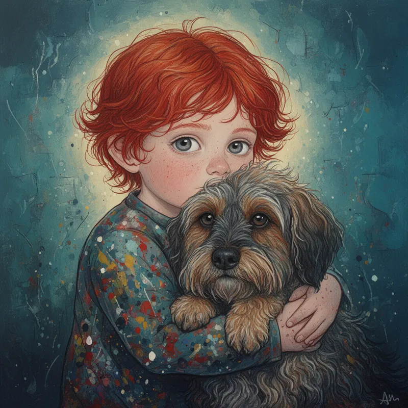 Handcrafted Heartlight - An acrylic fine art illustration of a red-haired child with storm-grey eyes embracing a cherished dog, combining surreal tenderness with whimsical folk art realism. The child’s clothing is covered in energetic abstract paint splashes, and the dog is rendered with tactile, layered fur that feels touchable. The background is filled with moody blue-green and teal textures, bathed in soft glowing nostalgic light, with imperfect hand-drawn lines and deeply handcrafted emotional richness. - AI image generated with Flux 2