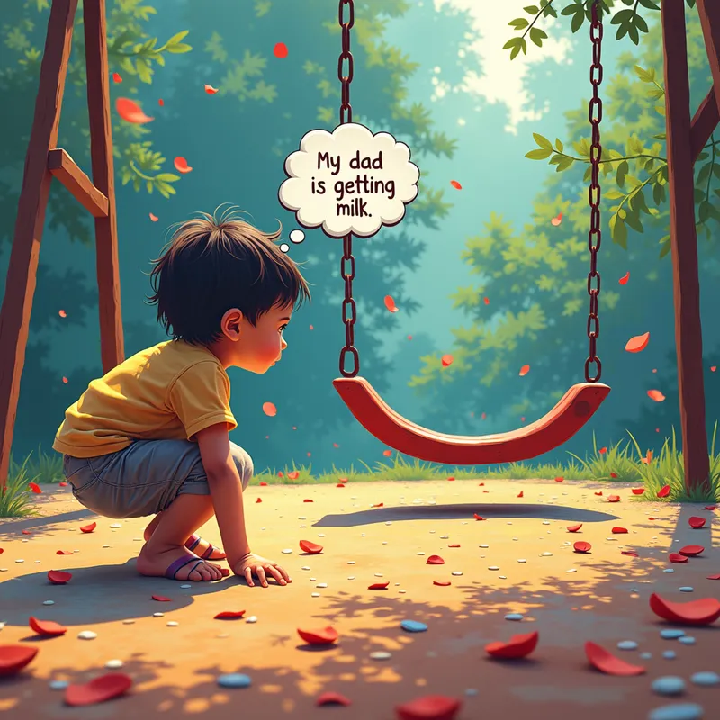 Handstand Reflections - A playful child in a handstand position, peering towards an abandoned swing set. A thought bubble pops up with the words, 'My dad is getting milk,' surrounded by a dazzling playground filled with vibrant hues. - AI image generated with Photorealistic 2 - photorealistic, abstract