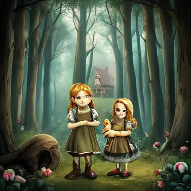 Hansel and Gretel with Duckling - A magical forest scene with Hansel and Gretel standing together, holding a duckling in their hands. The background shows tall, dense trees with a hint of a candy house hidden among them.