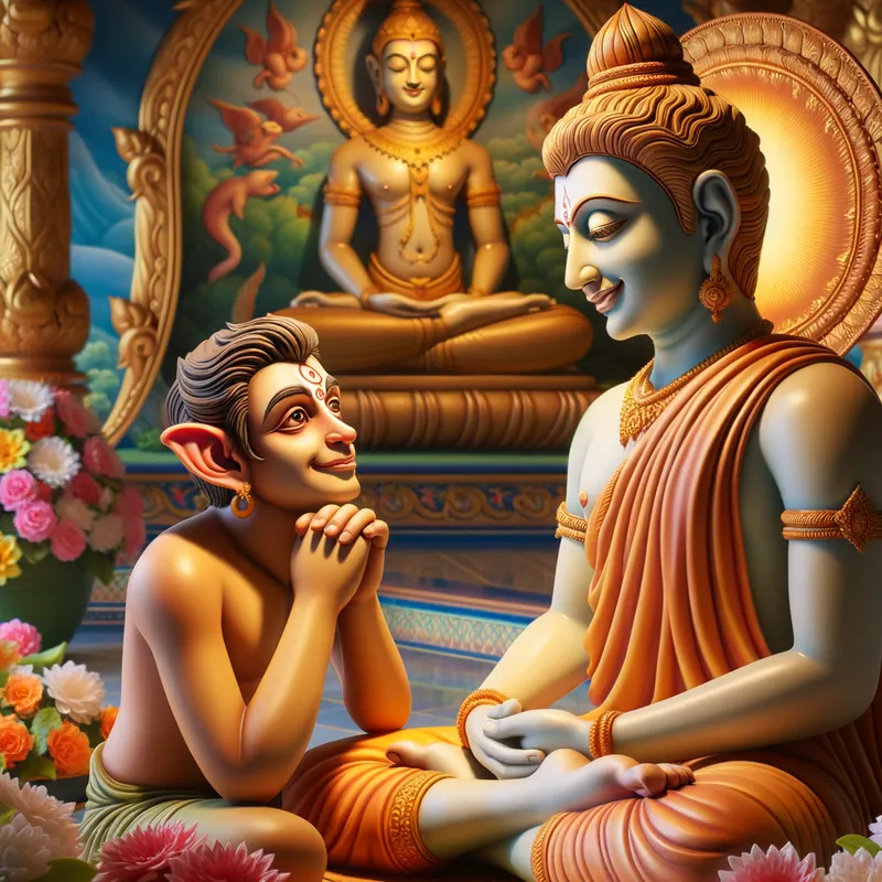 Hanuman in Devotion - A serene portrayal of Hanuman seated before Lord Rama, offering his undying devotion. Hanuman's eyes reflect adoration as he gazes at Rama, who stands with a gentle, benevolent smile. The background is a vibrant temple interior, surrounded by flowers and incense. - AI image generated with Art