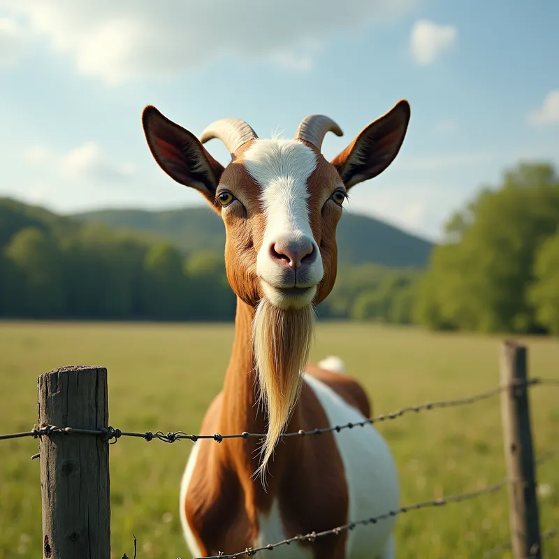 Happy Bearded Goat in Meadow - A brown and white goat with long ears and a thick, expressive beard stands upright behind a wire fence, giving the impression that it is smiling. The goat is surrounded by an open grassy field, with wooden posts and a line of lush green trees, all under a bright sky with occasional clouds. - AI image generated with Text - picture of the day, photorealistic, surrealismus