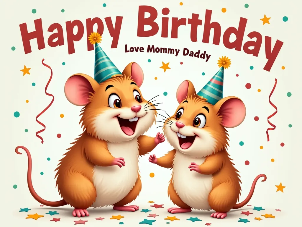 Happy Birthday Ronald! - A joyful father and son hamster duo celebrating a birthday. The young hamster is wearing a party hat, and colorful birthday decorations surround them. The background features text spelling out 'Happy Birthday Ronald, Love Mommy Daddy'. - AI image generated with Photorealistic 2