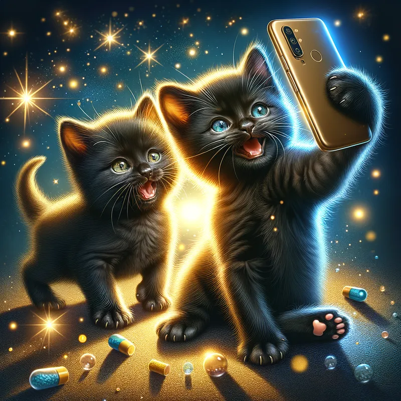 Happy Black Kittens Selfie - Two happy black kitten babies taking a charming selfie with a cell phone, depicted in a realistic, high-quality, and colorful fashion. - AI image generated with Art - picture of the day, night lighting, abstract