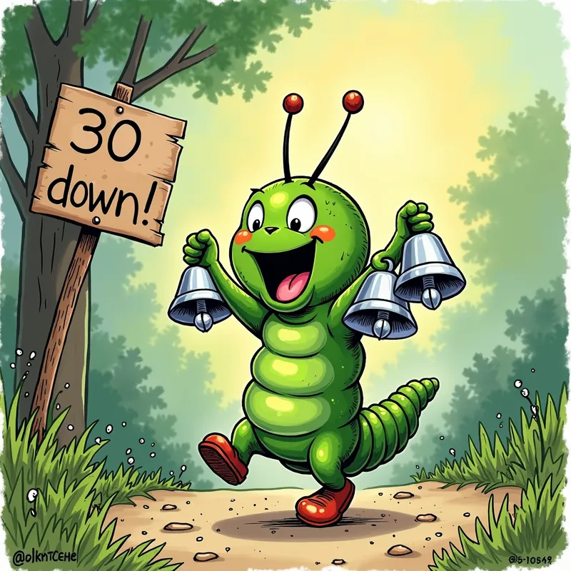 Happy Caterpillar with Five Bells - An adorable and excited caterpillar holding Five (not 6) big silver bells and jumping up and down with a backdrop of lush greenery and morning dew that has a sign that says, "30 down!". There must be FIVE bells only. - AI image generated with Photorealistic 2 - cartoony, doodle, alcohol ink