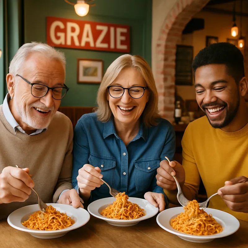 Happy Customers Enjoying Pasta - Customer appreciation, happy customers eating a dish of pasta in Italian restaurant  - AI image generated with GPT Image