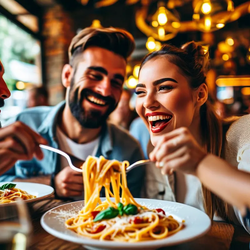 Happy Customers Enjoying Pasta - Customer appreciation, happy customers eating a dish of pasta in Italian restaurant - AI image generated with Nova Canvas