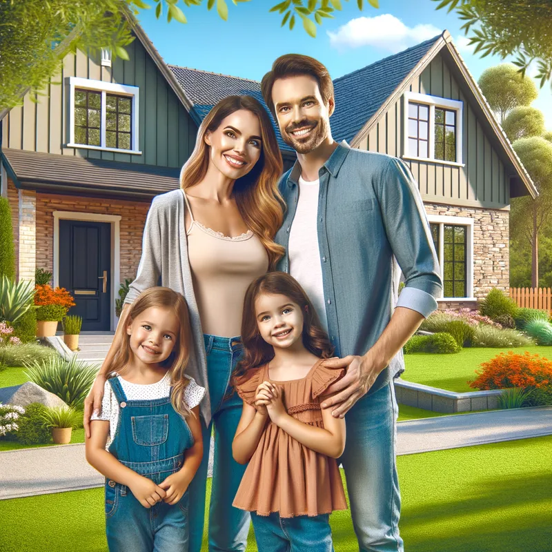 Happy Family - A joyful scene of Susan and Tom with their two young daughters in front of their cozy 4-bedroom house, surrounded by lush greenery. Everyone is in casual attire, enjoying a sunny day. - AI image generated with Art