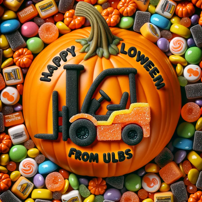 Happy Halloween Treats - A pumpkin bowl filled with Halloween candy seen from above. The candies are organized to spell 'Happy Halloween from ULBS' and include small candies shaped like forklifts. - AI image generated with Art