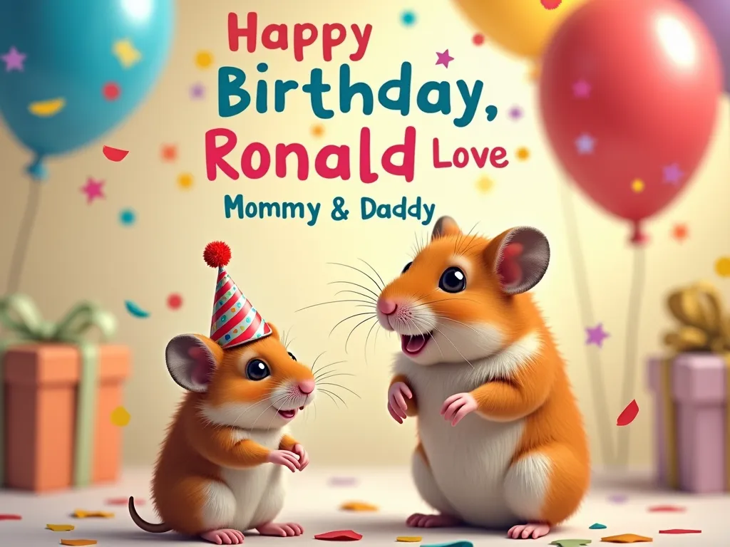 Happy Hamster Birthday - A delightful setting showing a father hamster with his son enjoying a birthday celebration. The young hamster has a small party hat on, and there is colorful text saying 'Happy Birthday Ronald, Love Mommy & Daddy' in the background. There are balloons and confetti around them. - AI image generated with Photorealistic 2