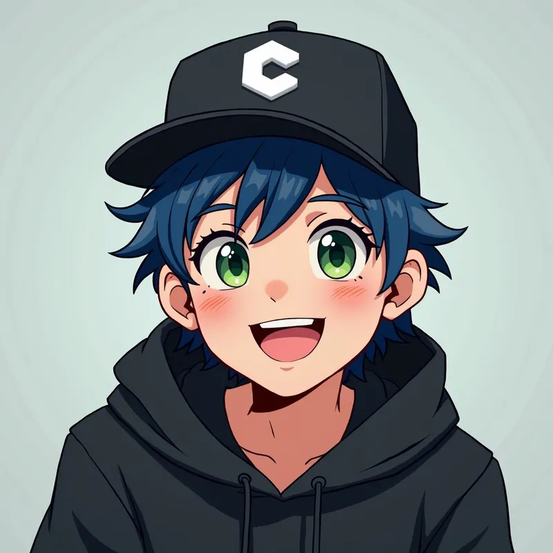 Happy Hoodie Kid - Capture a joyful teenager with blue hair, green eyes, and a radiant smile. He sports a black hoodie and a matching baseball cap featuring a white cube insignia, embodying a carefree and trendy look. - AI image generated with Photorealistic 2
