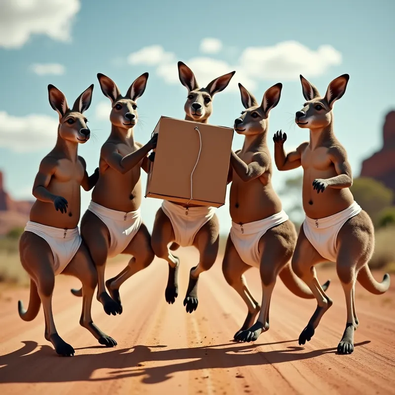 Happy Kangaroo Delivery - A group of muscular kangaroos with defined muscles, all wearing thick white diapers, jumping up and down excitedly as they receive a large parcel at the center of a sunny outback setting - AI image generated with Photorealistic 2