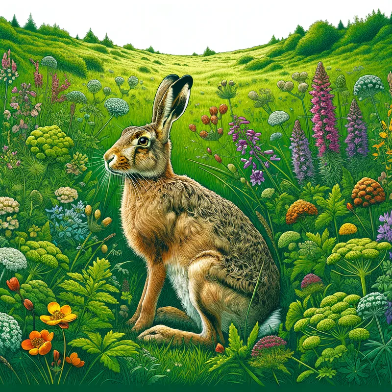 Hare in the Meadow - A detailed illustration of a single brown hare sitting in a lush green meadow with wildflowers in the background. - AI image generated with Art