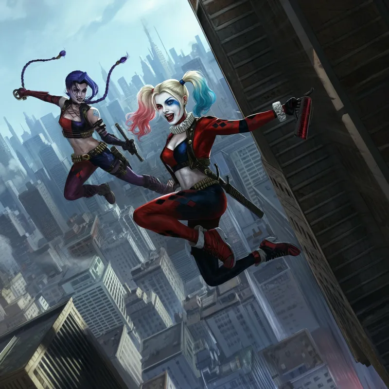 Harley Jinx's High-Flying Heist - A thrilling rooftop chase with Harley Quinn and Jinx jumping between buildings in a high-stakes heist. The city below is a blur, and the duo's acrobatic movements are a blend of chaos and coordination. - AI image generated with Imagen 3