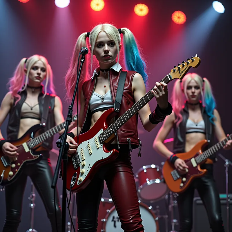 Harley Quinn & Triplet Rock Band - Harley Quinn and 3 identical twins in a rock band. 1 standing behind a mic on a mic stand playing an electric guitar with mouth closed while looking at viewer. 1 playing electric guitar,1 playing bass guitar and 1 playing drums - AI image generated with Photorealistic 2 - photorealistic, master shot