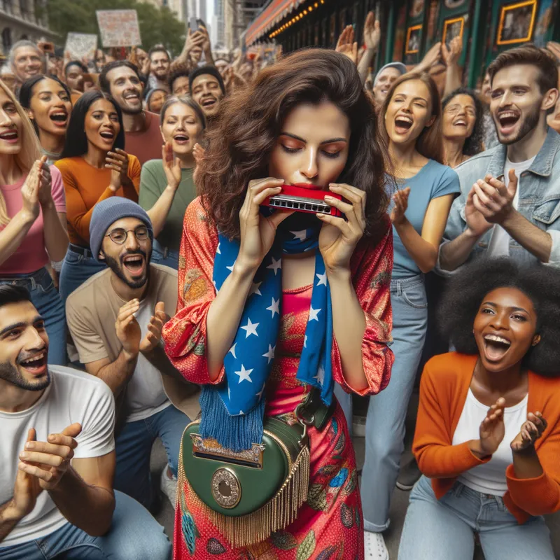 Harmonica Melody - A dynamic image of a street performer, dressed in a vibrant outfit, playing a red harmonica with an enthusi crowd in the background. - AI image generated with Art