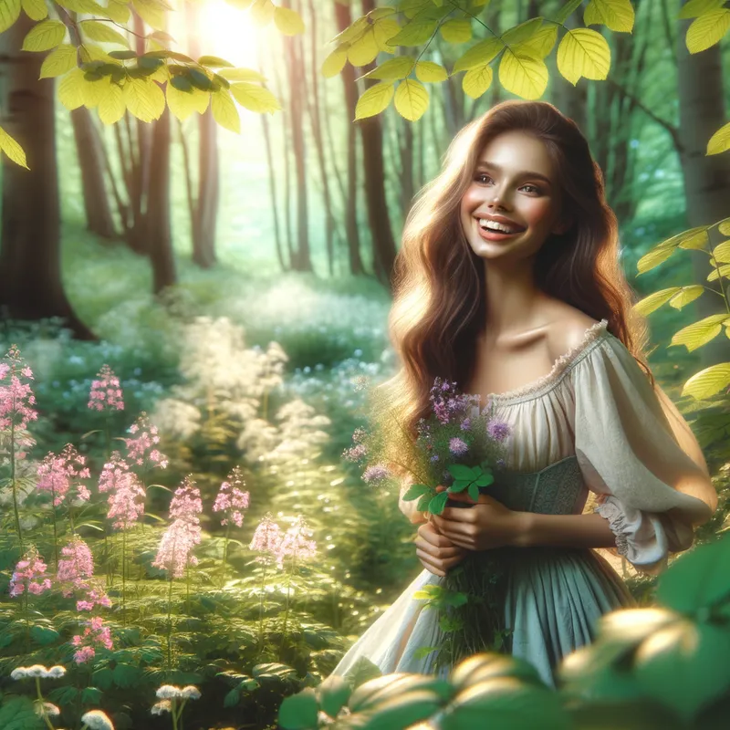 Harmonious Forest Song - A charming scene of a girl with a radiant smile, her presence illuminating the woods as she sings a beautiful song amidst blooming wildflowers and whispering leaves. - AI image generated with Art