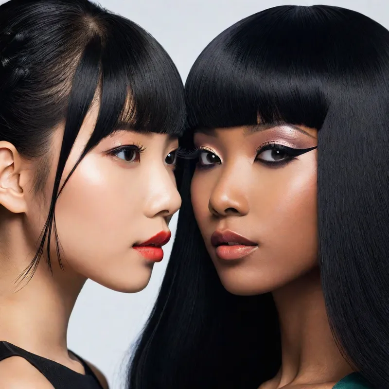 Harmonious Glow - A beautifully composed cover image for a website, portraying an Asian girl and a Black girl in side profile. The two are styled with jet black bang wigs and ethereal makeup, highlighting their harmonious and glowing appearances. - AI image generated with Photorealistic
