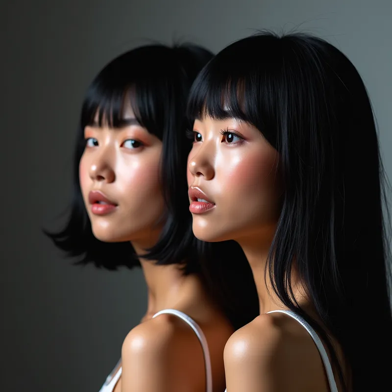 Harmonious Glow - A beautifully composed cover image for a website, portraying an Asian girl and a Black girl in side profile. The two are styled with jet black bang wigs and ethereal makeup, highlighting their harmonious and glowing appearances. - AI image generated with Photorealistic 2