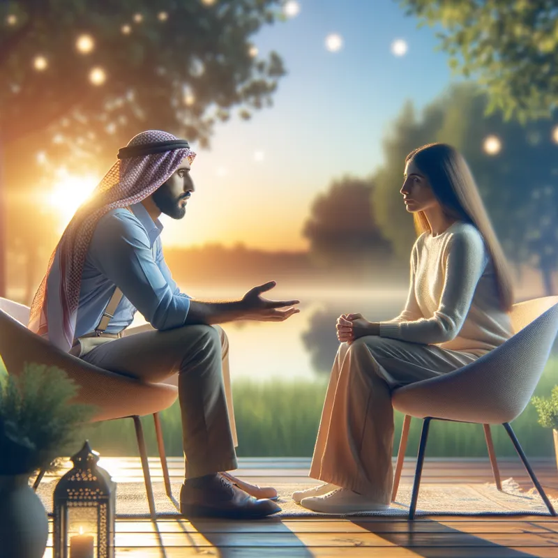 Harmony Haven - Visualize a therapy session taking place in an open-air setting, perhaps on a quiet patio or garden. The relaxed therapist and client are engaging in a therapeutic dialogue, surrounded by nature, emphasizing the peace of an early Friday evening. - AI image generated with Art