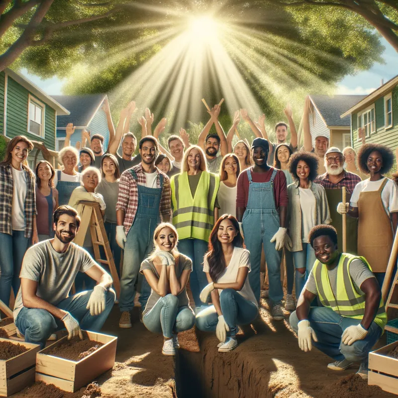 Harmony Haven - An image of volunteers cheerfully working together on a sunny day, constructing a series of quaint houses in a tight-knit community. The scene is filled with warm sunlight filtering through the leaves of a large tree, which is central to the feeling of growth and improvement. - AI image generated with Art