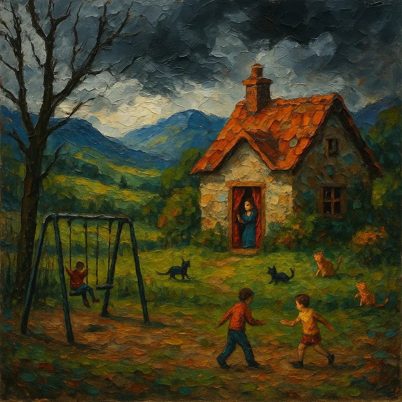 Harmony and Darkness - A picturesque valley featuring a charming little cottage with a woman peering out through red curtains and cats playing in the yard, set against the contrasting foreground of a seedy park and children playing under a foreboding sky. - AI image generated with GPT Image - oil painting with palette knife